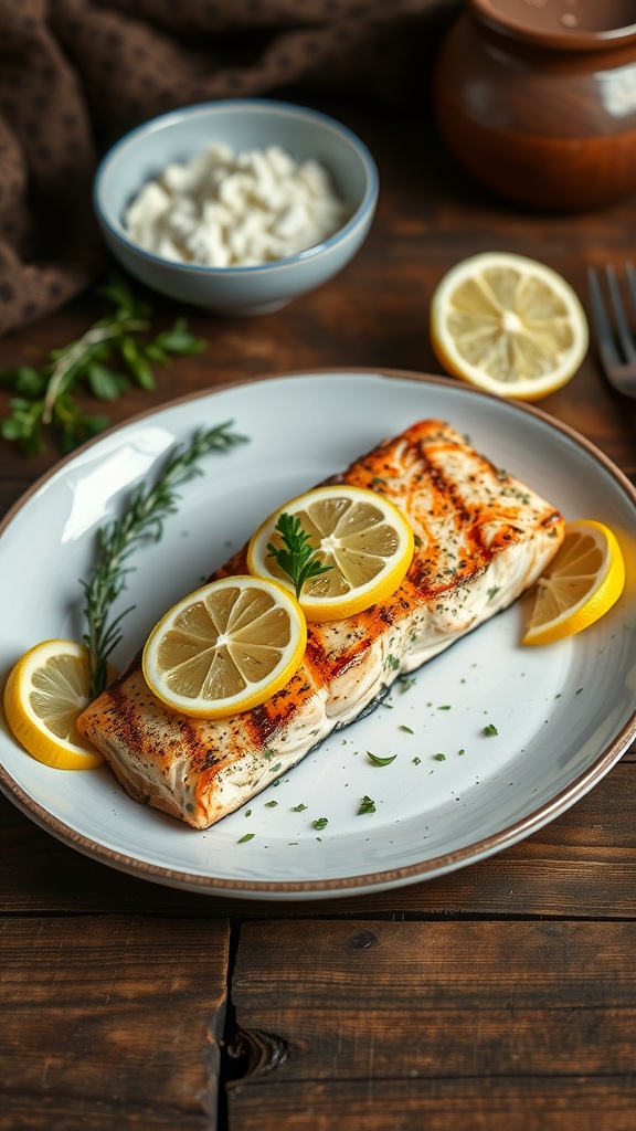 A beautifully plated grilled salmon fillet garnished with lemon slices and herbs.