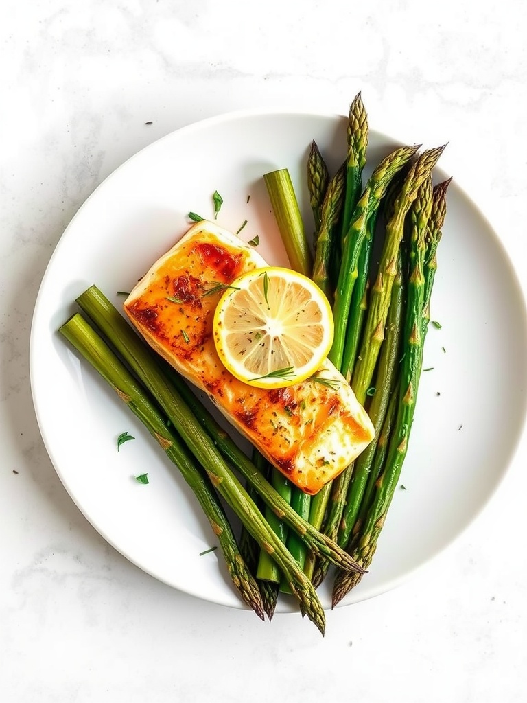 A plate of grilled salmon with lemon and asparagus
