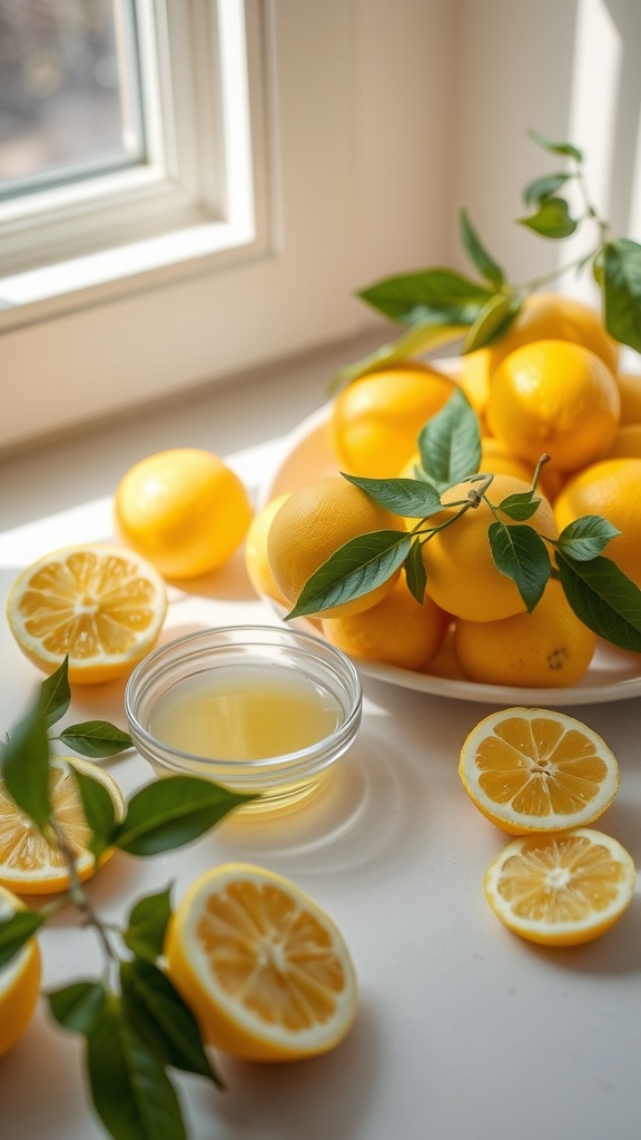 A bowl of lemons with some halved and squeezed lemons, showcasing the bright yellow color and fresh appearance.