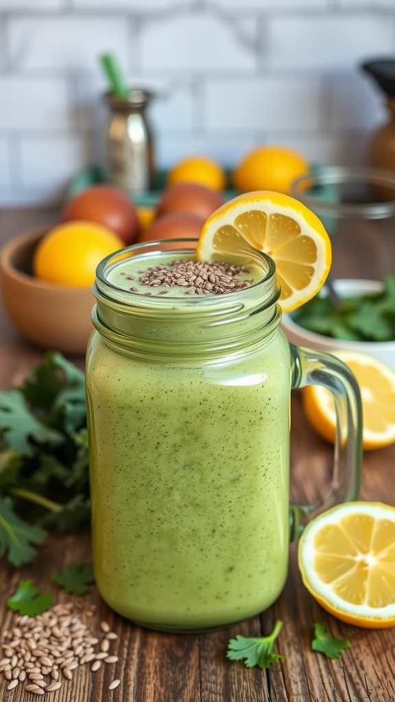 A refreshing green smoothie made with kale and lemon, garnished with a slice of lemon and flaxseeds.