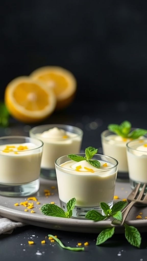 Lemon mousse cups on a tray with lemon slices and mint