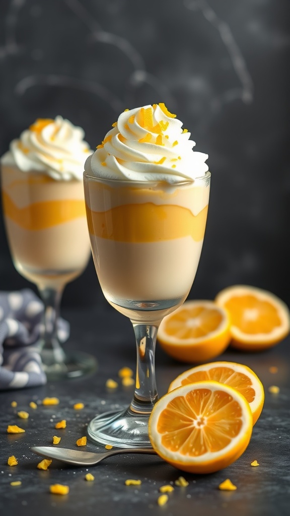 Elegant lemon pudding parfaits in glass cups, topped with whipped cream and lemon zest.