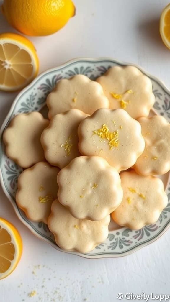 Plate of lemon shortbread cookies with lemon slices