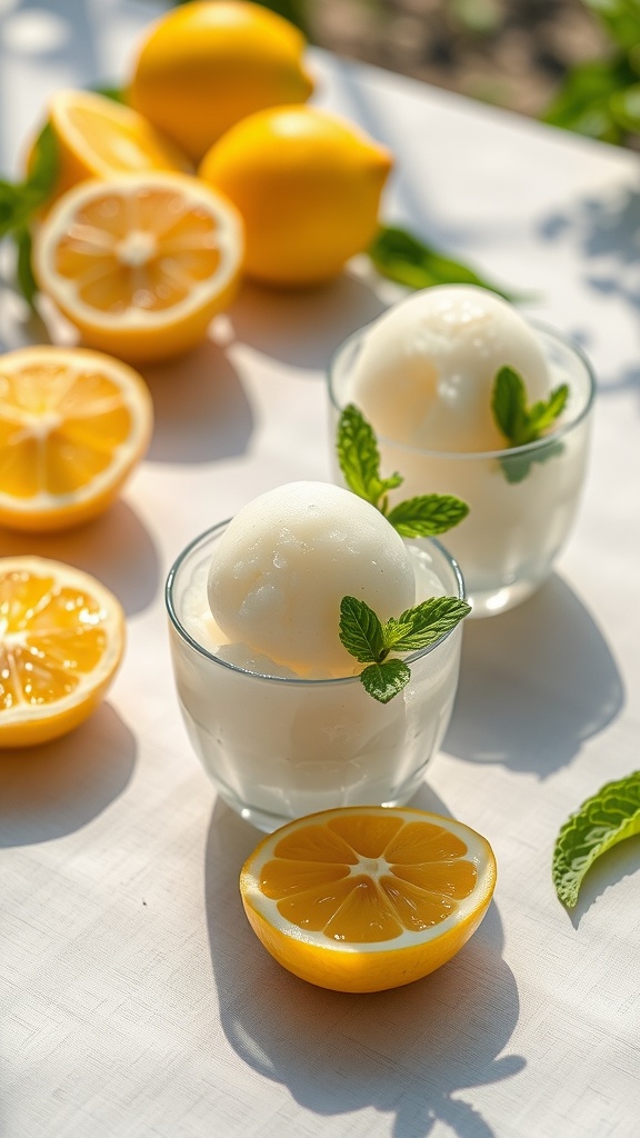 Lemon sorbet served in lemon shell with mint leaves.