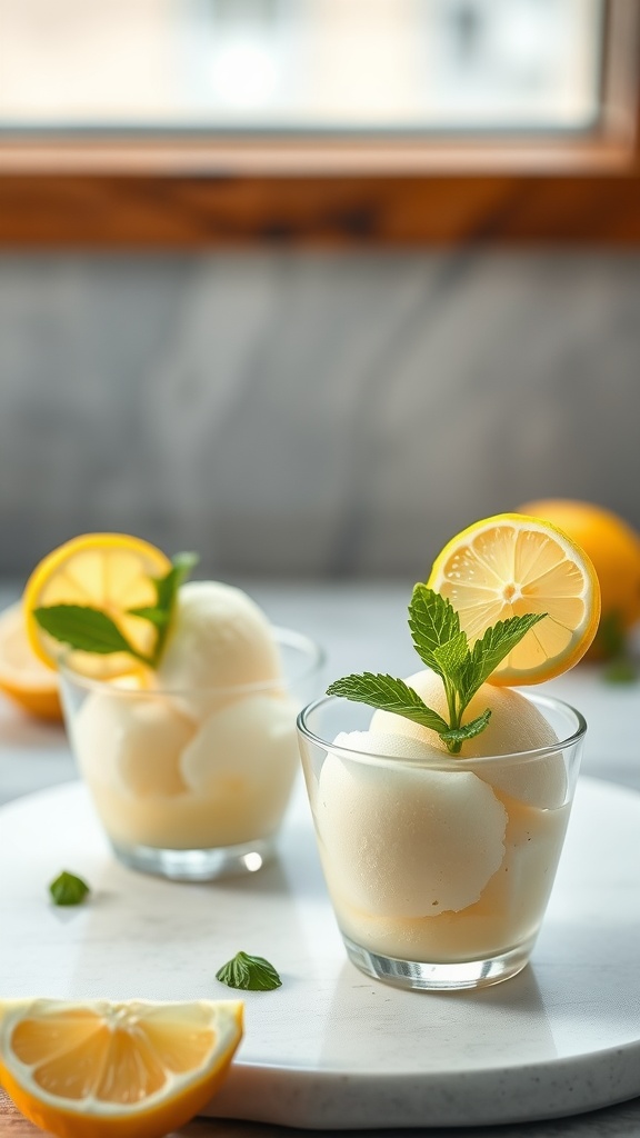 A refreshing lemon sorbet served in lemon cups, garnished with mint leaves.