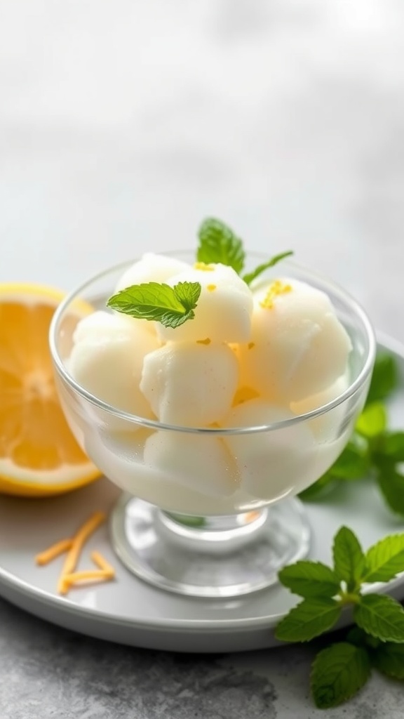 A refreshing bowl of lemon sorbet garnished with fresh mint leaves.