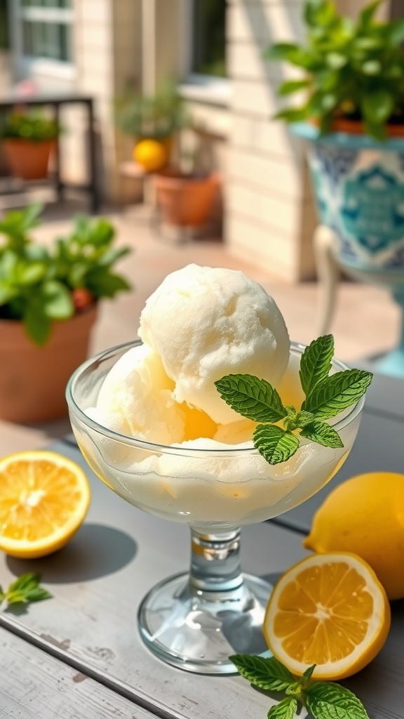 Delicious lemon sorbet served with fresh mint leaves
