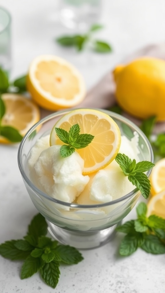 A bowl of lemon sorbet topped with fresh mint and lemon slices.