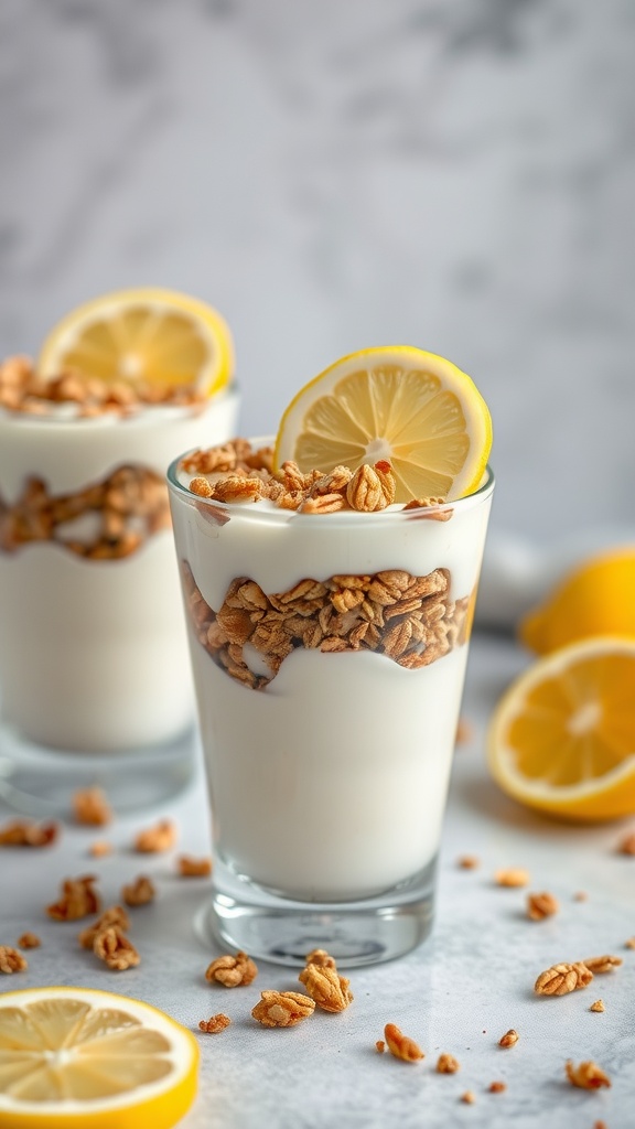 Two lemon yogurt parfaits in glasses topped with granola and lemon slices.