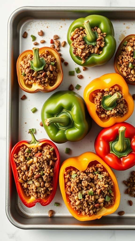 Colorful bell peppers stuffed with lentils and quinoa, arranged on a baking tray.