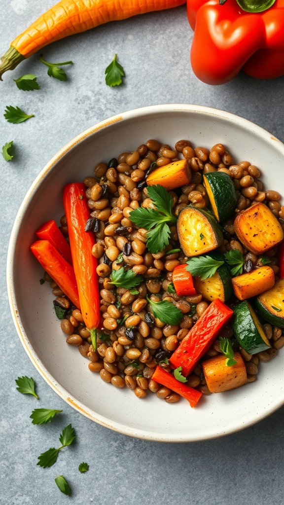 A healthy lentil and roasted vegetable bowl with colorful veggies and lentils.