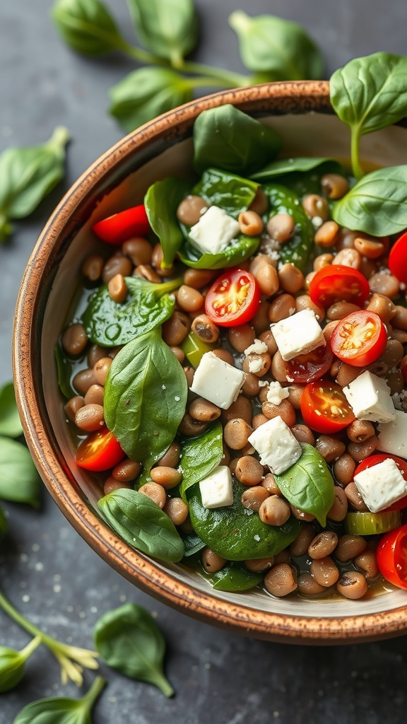 A healthy lentil and spinach bowl with cherry tomatoes and feta cheese.