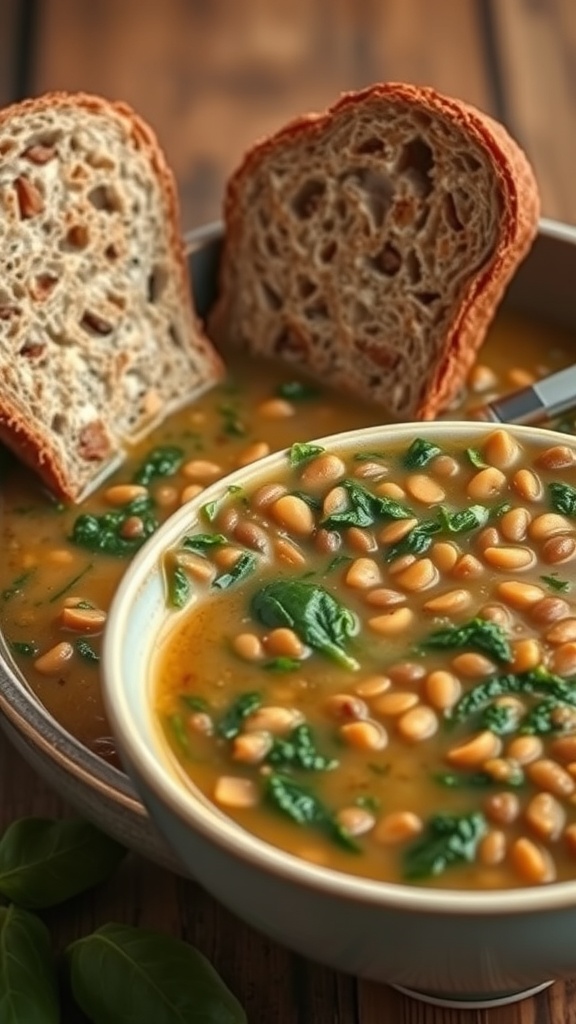 A bowl of lentil and spinach soup with slices of whole grain bread on the side.