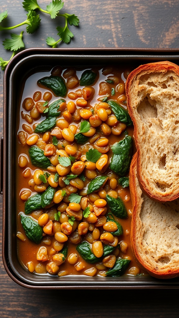 A hearty lentil and spinach stew served in a lunchbox with slices of bread on the side.