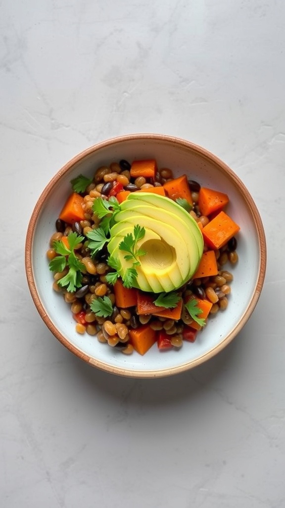 A colorful lentil and sweet potato bowl topped with avocado and cilantro.