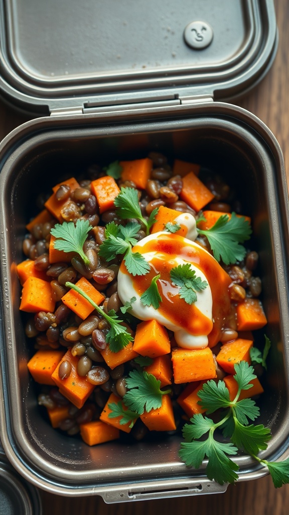 A healthy lentil and sweet potato bowl with yogurt and cilantro in a lunchbox.