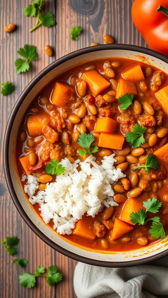 A bowl of lentil and sweet potato curry served with rice, garnished with cilantro.