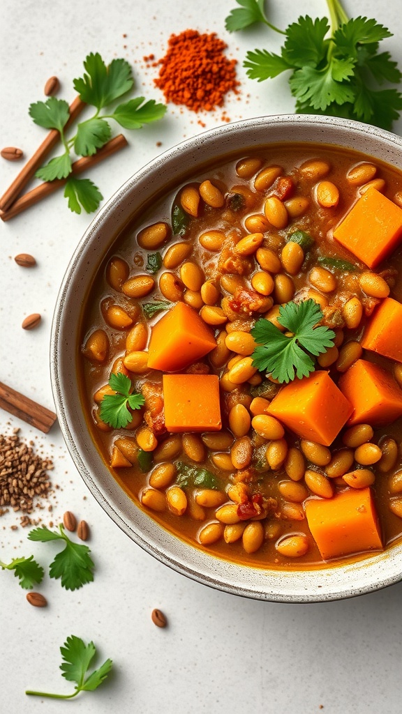 A bowl of lentil and sweet potato curry with spices and herbs around it.