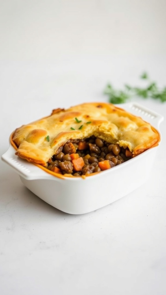 A delicious Lentil and Sweet Potato Shepherd's Pie in a white baking dish.
