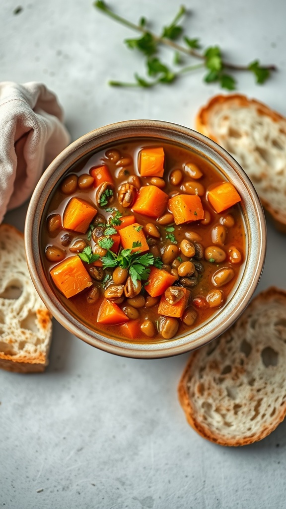 A hearty bowl of lentil and sweet potato stew garnished with parsley, served with slices of bread.