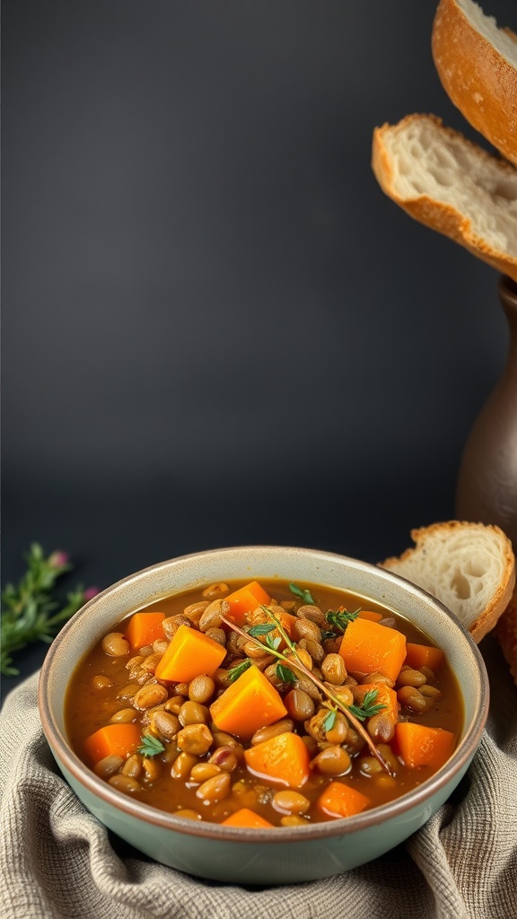 A bowl of lentil and sweet potato stew garnished with fresh herbs and accompanied by bread slices.