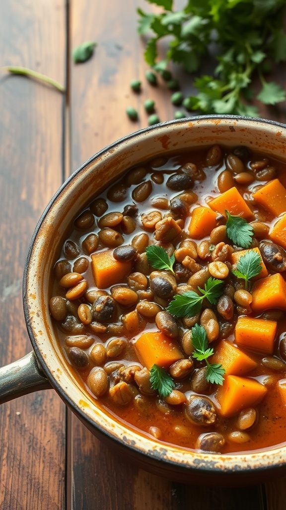 A pot of lentil and sweet potato stew with fresh cilantro on top, sitting on a wooden table.