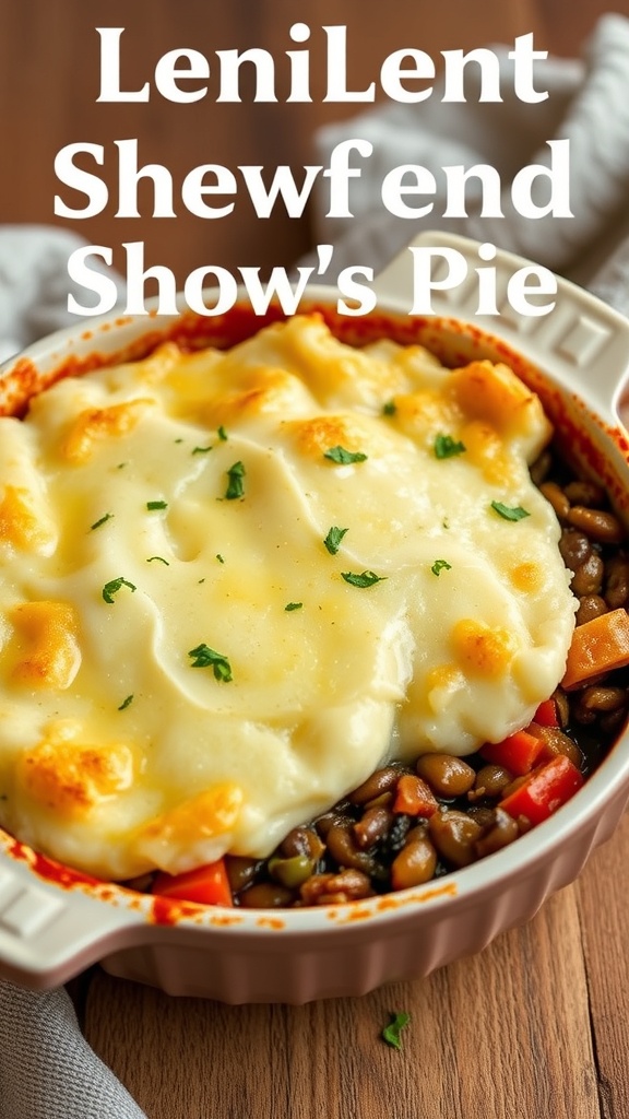 A delicious lentil and vegetable shepherd's pie topped with creamy mashed potatoes.