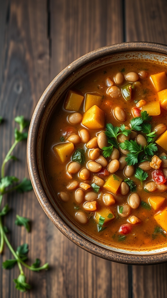 A bowl of colorful lentil and vegetable soup garnished with fresh herbs.