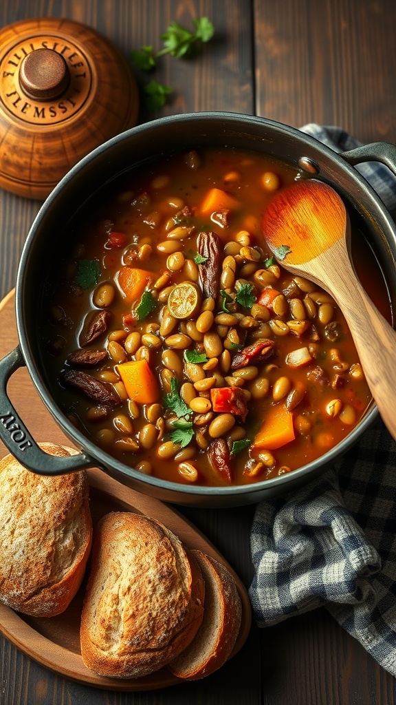 A bowl of hearty lentil and vegetable stew with rustic bread on the side.