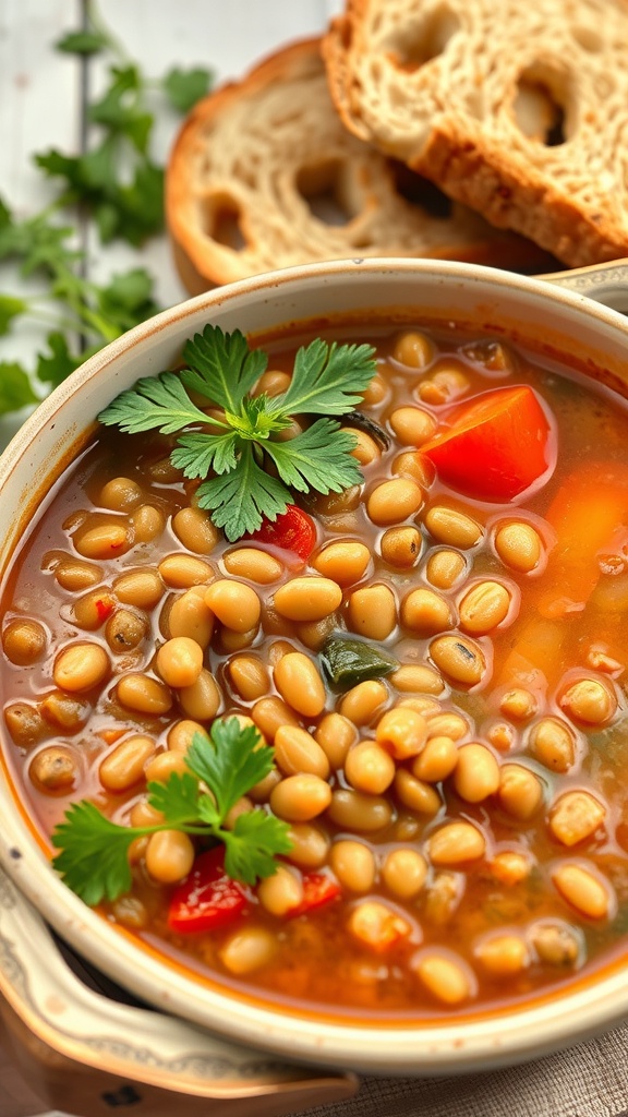 A bowl of lentil and vegetable stew garnished with cilantro, served with slices of bread.