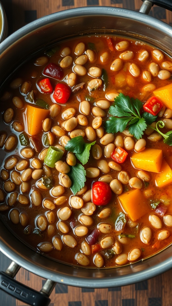 A pot of lentil and vegetable stew with colorful ingredients.