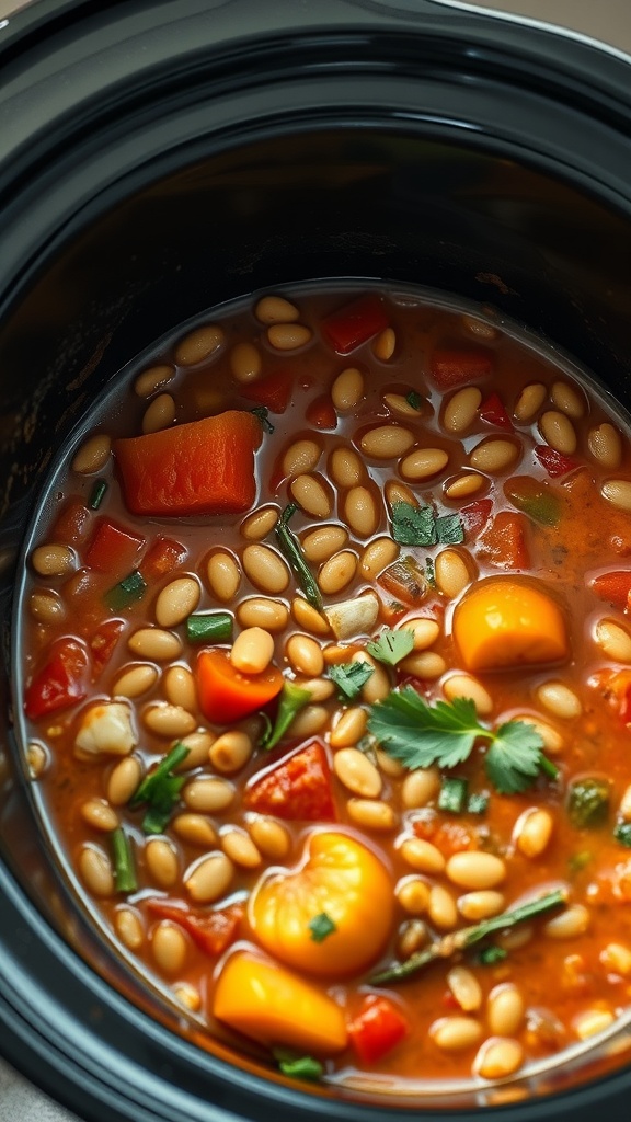 A slow cooker filled with lentil and vegetable stew, showcasing colorful ingredients like peppers and lentils in a rich broth.