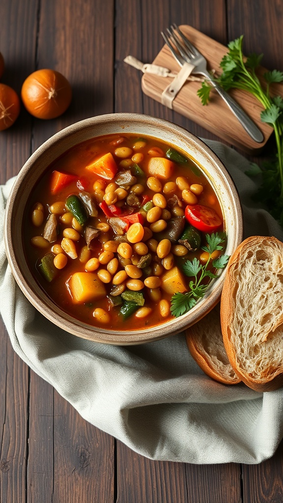 A bowl of lentil and vegetable stew with colorful vegetables and a side of bread.