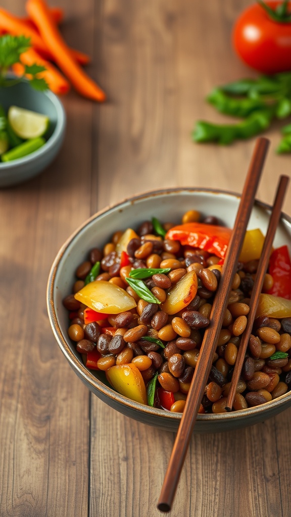 A vibrant bowl of lentil and vegetable stir-fry with colorful veggies and chopsticks.