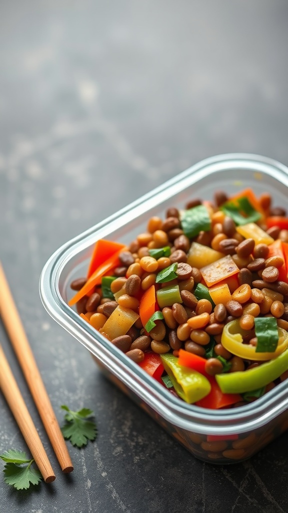 A colorful lentil and vegetable stir-fry in a clear container with chopsticks and fresh cilantro.
