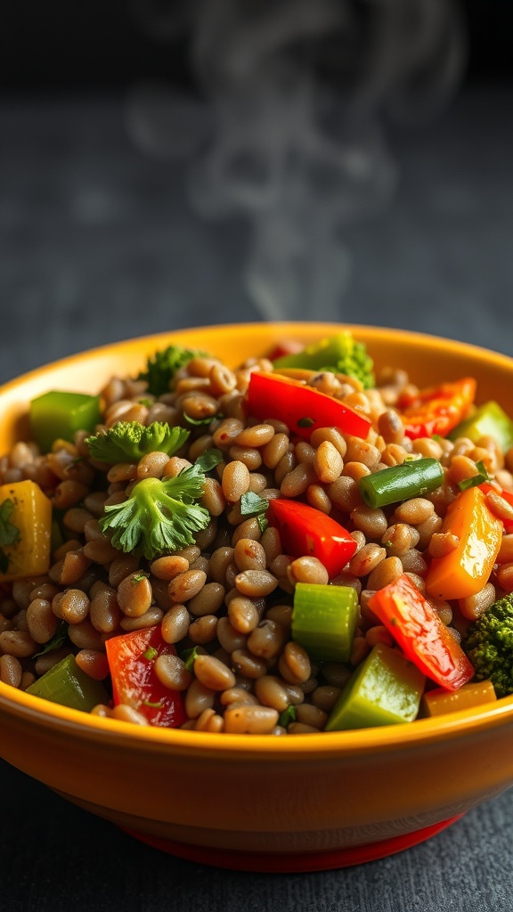A colorful bowl of lentil and vegetable stir-fry with steam rising.