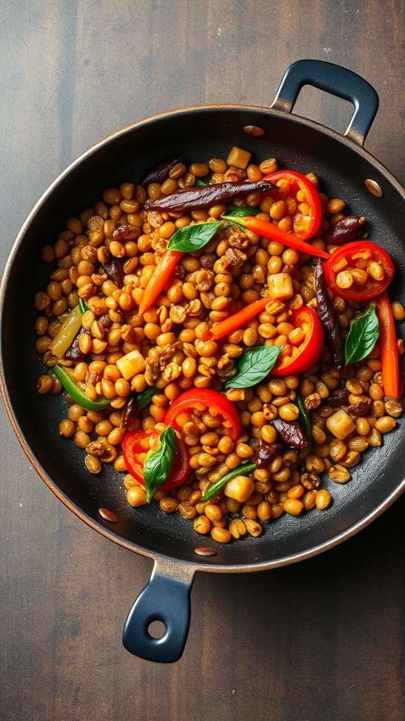 A colorful lentil and vegetable stir-fry in a skillet, featuring red and green bell peppers, lentils, and fresh basil.