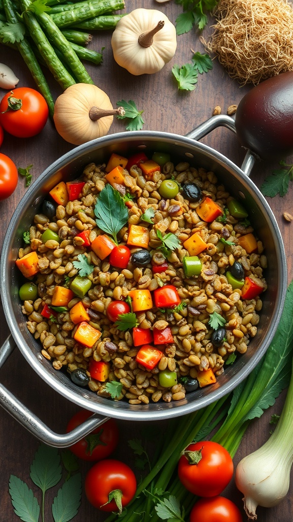 A pot of lentil and vegetable stir-fry with colorful diced peppers and olives, surrounded by fresh vegetables.
