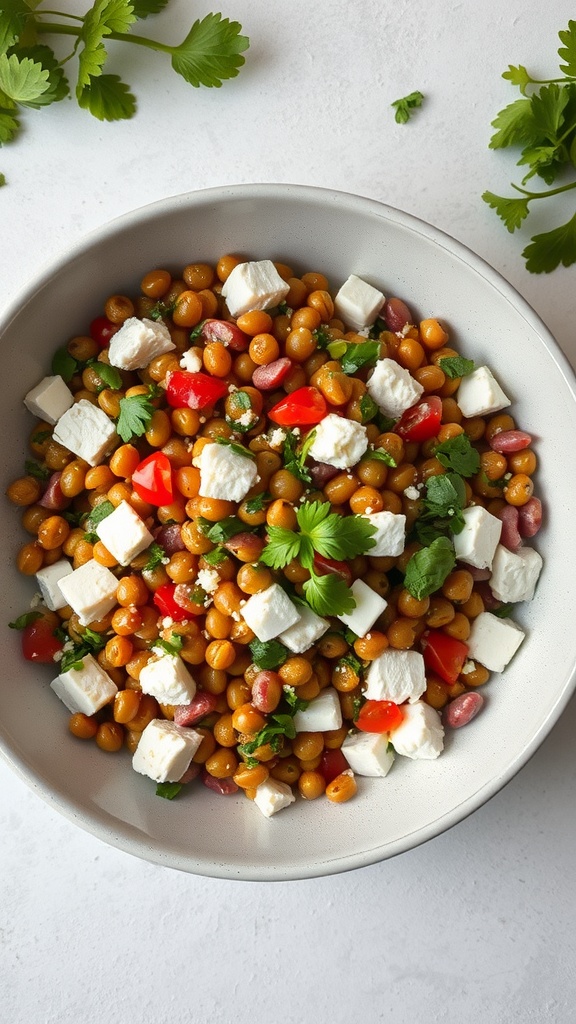 A bowl of lentil salad with feta cheese, cherry tomatoes, and fresh herbs.