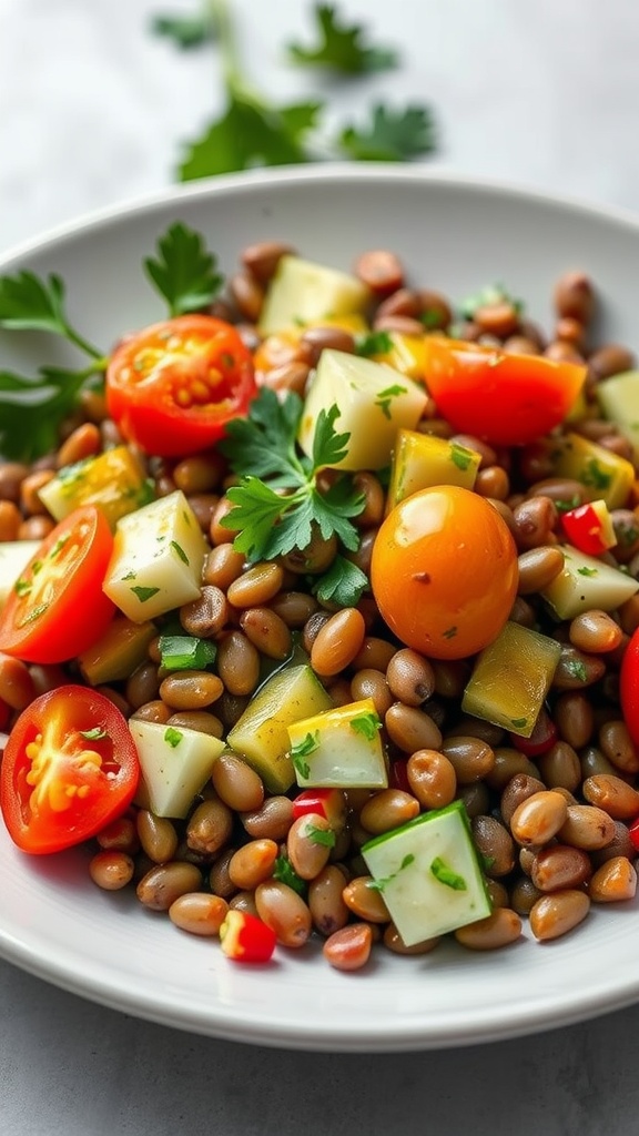 A colorful lentil salad with vegetables and lemon vinaigrette.