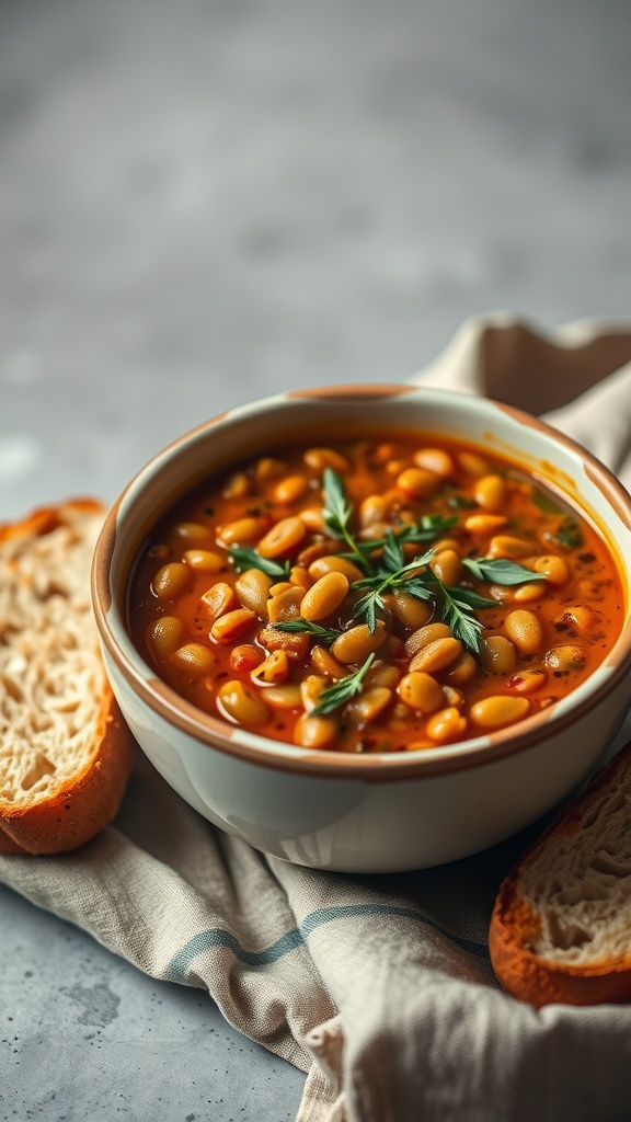 A bowl of hearty lentil soup with a side of bread.
