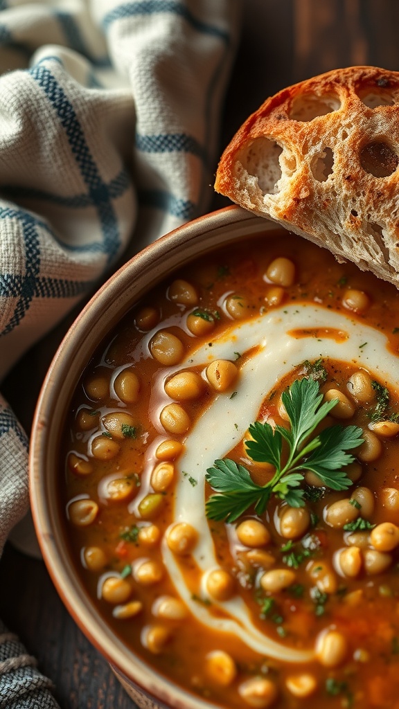 A bowl of lentil soup topped with cream and parsley, with a slice of bread on the side.