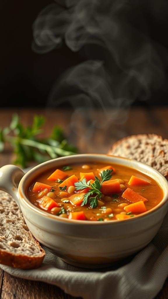 A steaming bowl of lentil soup with carrots and herbs, served with bread.