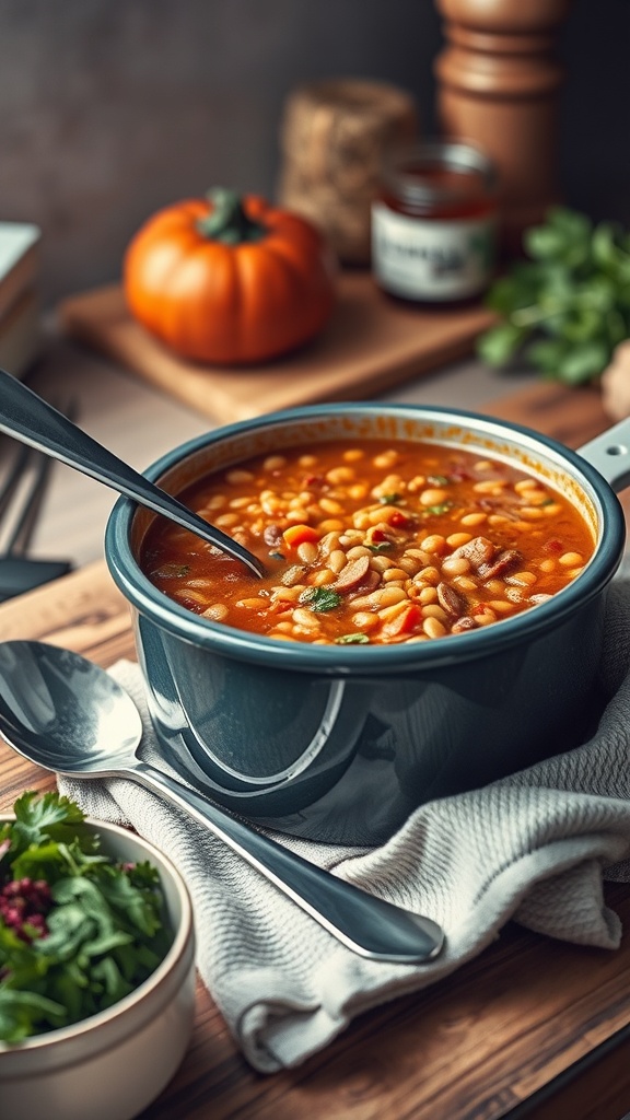 A bowl of lentil soup with vegetables, garnished with parsley, next to a slice of bread.