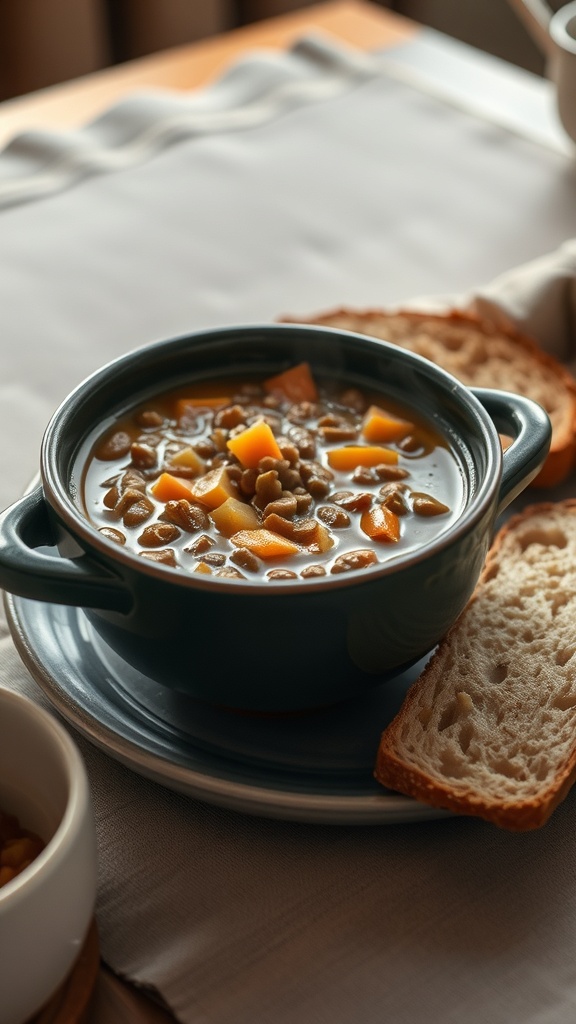 A bowl of lentil soup with vegetables and slices of bread on the side.