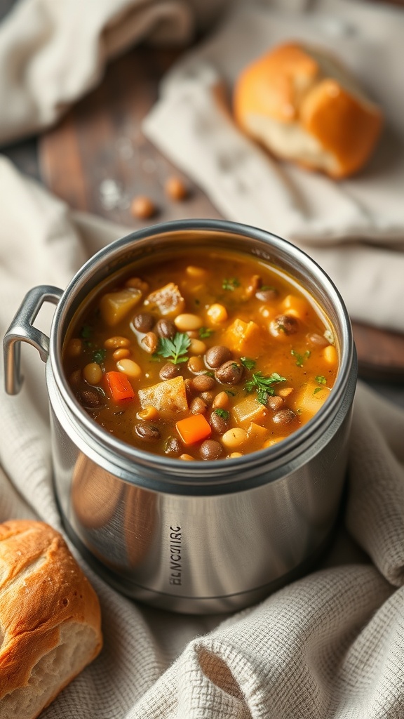 A thermos filled with lentil soup, accompanied by a bread roll on a soft cloth.