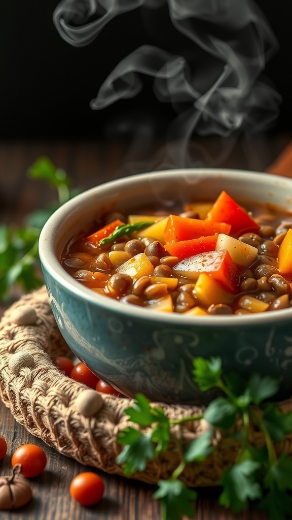 A steaming bowl of lentil soup filled with colorful vegetables, garnished with parsley.