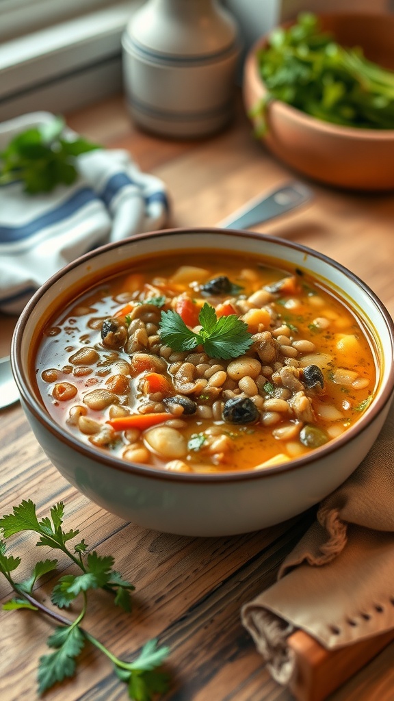 A bowl of lentil soup garnished with cilantro, served on a wooden table.