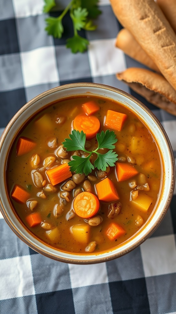 A bowl of lentil soup with carrots, garnished with fresh parsley, served with bread.