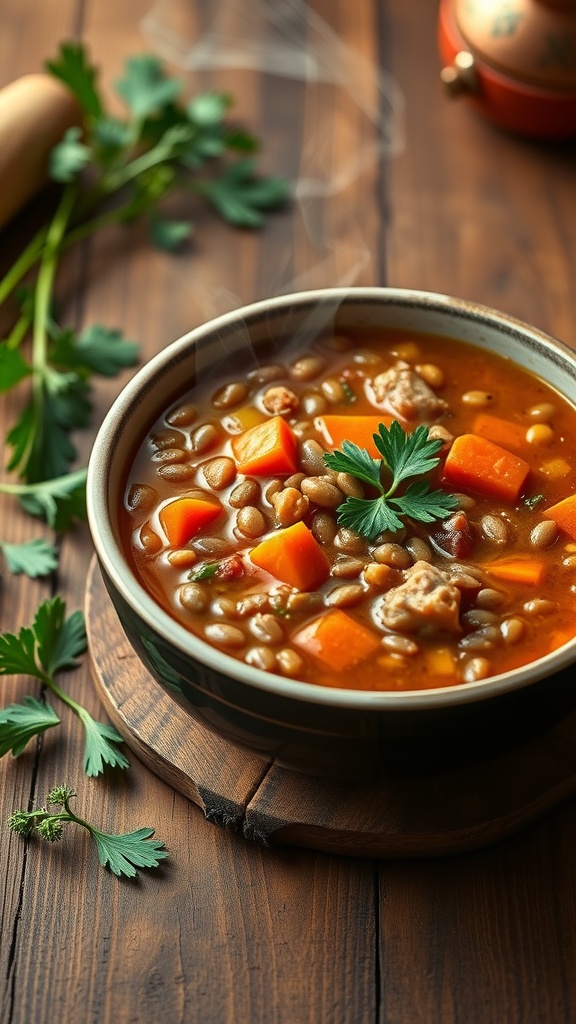 A bowl of lentil soup with carrots and celery, garnished with parsley, on a wooden table.